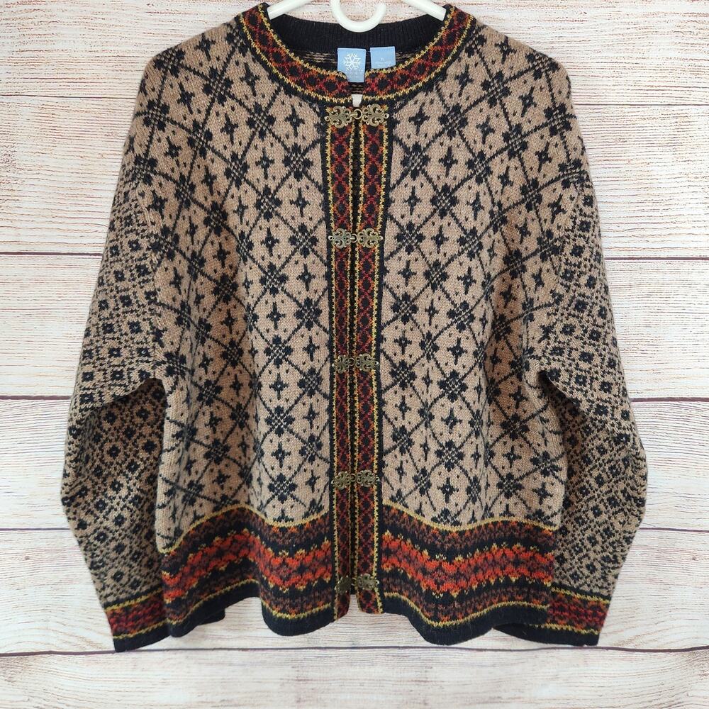 Vintage FROST Petite PL 100% Wool Nordic Cardigan Sweater Scroll Clasps FairIsle